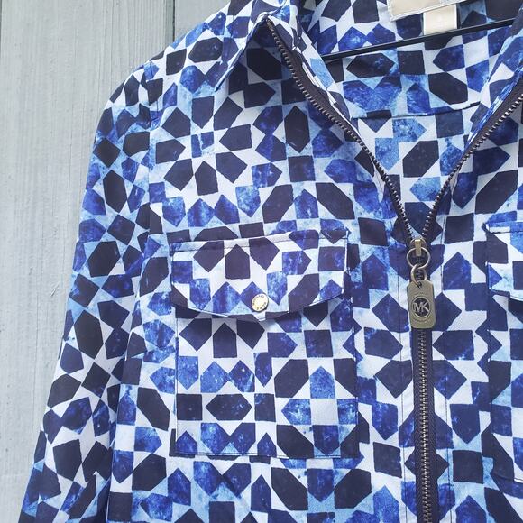 MICHAEL Michael Kors Blue White Abstract Print Full Zip Light Jacket Collared S - Picture 7 of 13